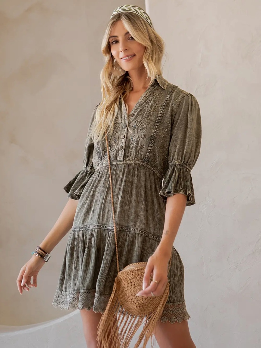 YOUNG THREADS Vintage Romance-Stone Washed Babydoll V-Neck Dress - Picture 2 of 6